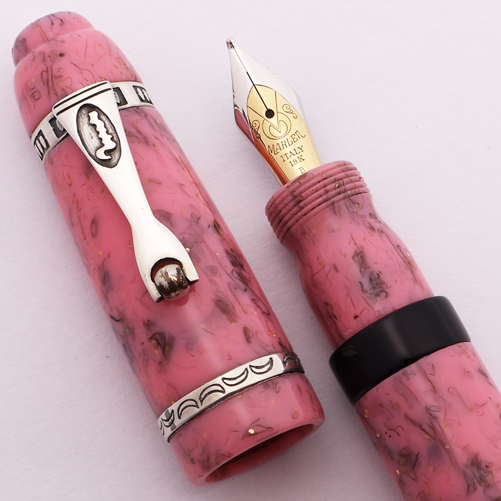 Marlen Journal Fountain Pen - Pink Marble, Button Filler, Sterling